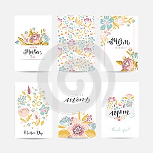 Set of cute greeting cards for Mother`s Day hand drawn