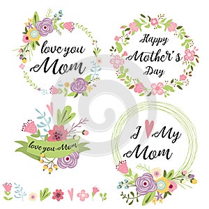Set of cute greeting design elements for Mother`s Day floral wreath flowers hearts banners ribbon lettering. Vector