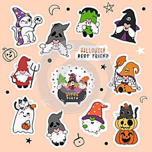 Set of cute Halloween Gnome and cat in fancy costume party cartoon sticker collection