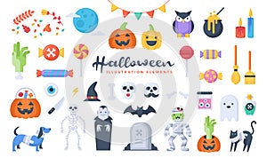 Set of cute Halloween illustration elements. Flat design style. Perfect for making your own original projects.