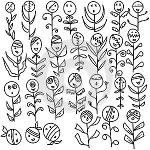 Set of cute Halloween monster plants, outline doodle flowers with scary heads and fantasy leaves