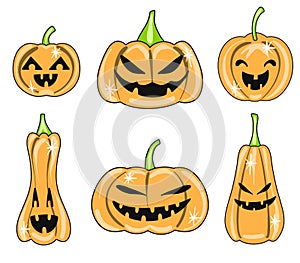 Vector Set of cute halloween pumpkins with scary faces. October stickers in cartoon style.