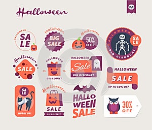 Set of cute Halloween sale promotional stickers, labels and banners.