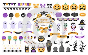 Set of cute Halloween stickers and drawings, symbols of the holiday, group of badges, labels, ribbons