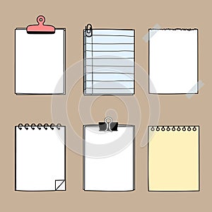 Set of cute hand drawn, blank paper sticky note pad with tape and clip, template, text box