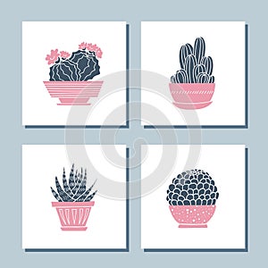 Set of cute hand drawn card templates with cacti and succulents