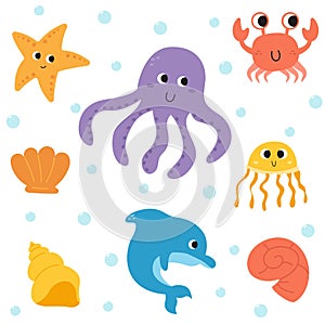 Set of cute hand drawn cartoon sea animals. Underwater world. Undersea life. Ocean creatures