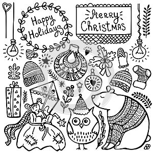 Set of cute hand-drawn Christmas, New Yearâ€™s and winterâ€™s elements