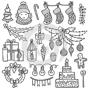 Set of cute hand-drawn Christmas and winter elements