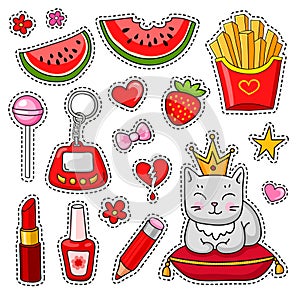 Set of cute hand-drawn colorful stickers and pins in cartoon style.