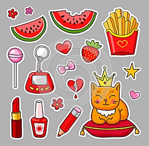 Set of cute hand-drawn colorful stickers and pins in cartoon style.