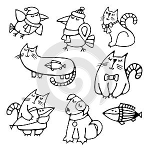 Set of cute hand-drawn contour animals pets photo