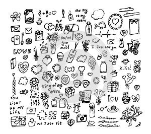 Set of cute hand drawn elements about love. Sketchy vector hand drawn doodles cartoon set of Love