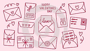 Set of cute hand drawn envelopes about love. Design elements isolated on pink. Happy Valentines Day vector illustration.