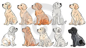 Set of cute hand drawn labrador retriever dogs of different colors isolated on white background photo