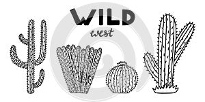 Set of cute hand drawn saguaro cactus from Mexico or Wild West desert. Vector simple cacti flower with thorns in cartoon