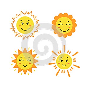 Set of cute hand drawn sun. Yellow funny suns with different emotions isolated on white background. Vector childish