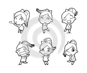 Set of Cute happy cartoon doodle girl kids, child drawing sketch, children character isolated Vector Illustration on white