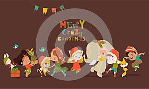 Set of Cute Happy Children celebrating Christmas. New Year, Merry Xmas Design Element