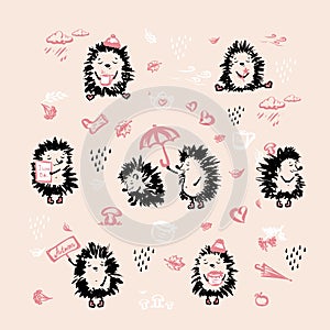 Set of cute hedgehog.Wild forest animals in hand drawn style