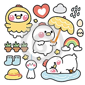 Set of cute hen in rainy season concept.Farm chicken animal character cartoon