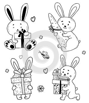 Set of Cute holiday bunnies with gifts in box with bow and carrot. Vector illustration. Isolated elements in style of