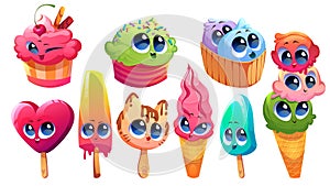 Set of cute ice cream kawaii characters, delicacy