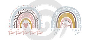 Set of cute illustrations with abstract full color rainbow. Striped arch in vintage pastel colors with hearts. Simple vector