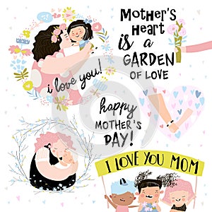 Set of cute illustrations for Mothers Day in cartoon style