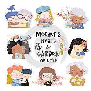 Set of cute illustrations for Mothers Day in cartoon style