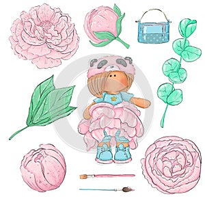 A set of cute illustrations of a panda girl in a peony dress surrounded by flowers. Pink peonies of different buds, a