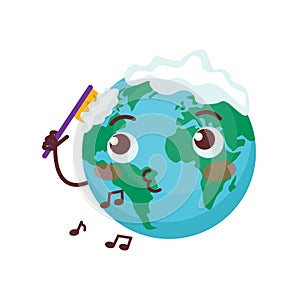 Set of cute illustrations with planet Earth. The earth washes itself with a brush and whistles a tune.