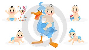 Set of cute infant boy characters with stork, toys, puppy and milk bottle for Baby shower.