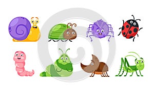 Set Cute Insects Cartoon Characters. Snail, Spider, Bug, Ladybug and Soil Worm. Caterpillar, Rhinoceros Beetle, Grasshop