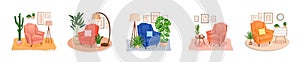 Set of cute interiors with an armchair. Cute interior with modern furniture and plants. Living room interior. Vector