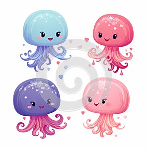 Set of cute jellyfish on white background