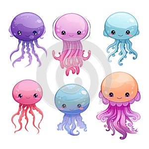 Set of cute jellyfish on white background