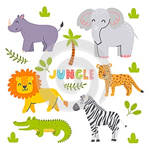 Set of cute jungle animals. Characters for kids. Vector childish illustration