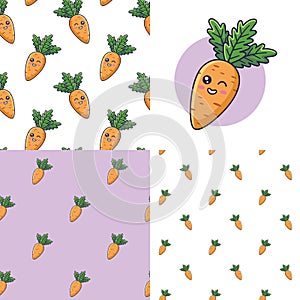 Set of Cute Kawaii carrot patterns. Cartoon icon illustration of cucumber. Carrot patterns collection