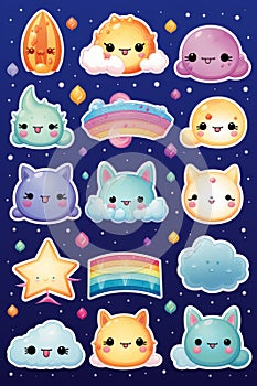 set of cute kawaii clouds stars rainbow moon and sun