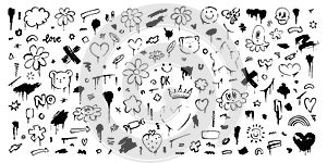 Set of cute, kawaii doodles. Hand drawn anime characters, brush strokes, flowers, cat, bear, jelly fish, splatters