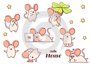Set cute kawaii hand drawn mouse doodles, isolated on white background, clipart