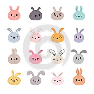 Set of cute kawaii rabbits. Cartoon character. Funny doodle animals. Little bunny. Easter, New Year theme