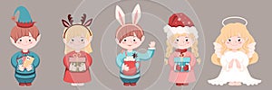 Set of cute kids in Christmas Costumes. Boy in an Elf costume with letters, Boy with bunny ears, Girl with a gift and