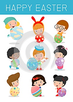 Set of Cute kids and Easter eggs on white background. Easter eggs and children, happy easter , Easter eggs vector icons f