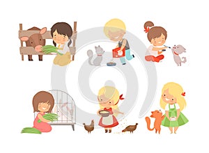 Set of cute kids feeding baby animals. Little boys and girls caring of kitten, puppy, calf, chicken, rabbit cartoon