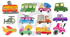 Set of cute kids stylized oil pastel transport
