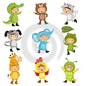 Set of cute kids wearing animal costumes. Alligator, bear, cat,