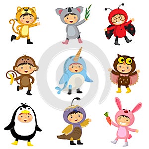 Set of cute kids wearing animal costumes. Jaguar, koala, ladybir