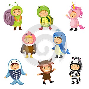 Set of cute kids wearing animal costumes. Snail, turtle, unicorn photo